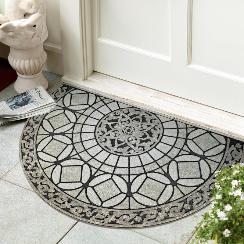 Eanpet Sassafras Half Round Door Mat - Decorative Welcome Rug for Front Outdoor Entrance - 2 x 3 Grey Light Navy Nonslip Rubber Dirt Trapper - Image 1